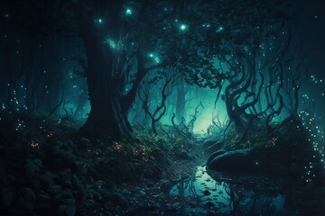 Atmospheric fantasy forest with lights and a beautiful reflection in the water AI