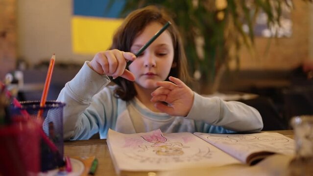 The girl draws in the album with pencils