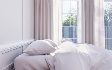 Fototapeta na wymiar Bed with white bedding in elegant hotel or apartment bedroom