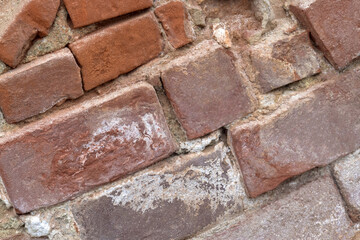 Texture of old red brick wall, grunge background of shabby building, full frame. Close-up. Selective focus.