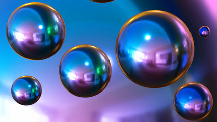 Shiny colored balls abstract background, 3d purple blue metallic glossy spheres