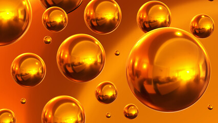 Shiny colored balls abstract background, 3d gold metallic glossy spheres as desktop golden wallpaper, 3D render illustration.