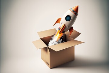Illustration of rocket coming out of cardboard box, white background. Generative AI