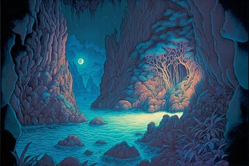 Romantic night time landscape, island coastline inspired by hawaii, made with generative AI