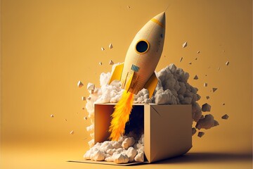 Illustration of rocket coming out of cardboard box, yellow background. Generative AI