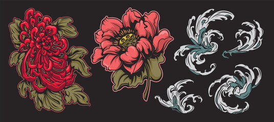Set of vector illustration elements fo design such us waves, chrysanthemums, peony on Japanese theme