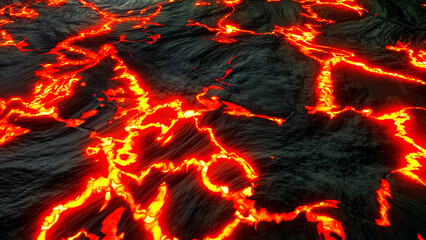 Fototapeta na wymiar Black rock with fiery magma cracks texture, hot fire and burning lava on basalt rock