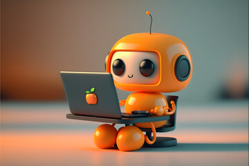 Orange Robot with laptop sitting on chair working, Generative AI