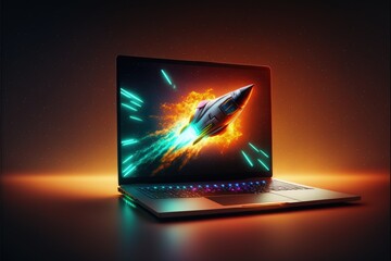 Rocket illustration popping out of laptop screen, startup concept, background with neon lights. Generative AI