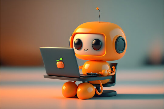 Orange Robot with laptop sitting on chair working, Generative AI