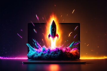 Rocket illustration popping out of laptop screen, startup concept, background with neon lights. Generative AI - obrazy, fototapety, plakaty