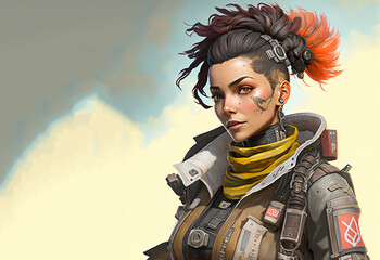 Futuristic female game character design, header with copy space. generative ai