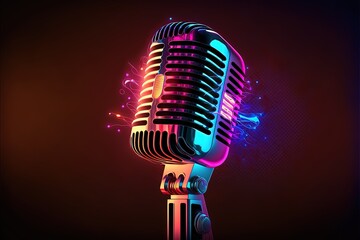 Studio microphone illustration for podcast, background with neon lights. Generative AI