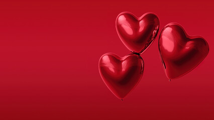 red heart balloons on red background. Copy space. Generative ai