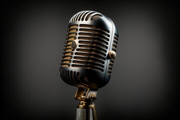 Obraz premium Studio microphone illustration for podcast, black background. Generative AI