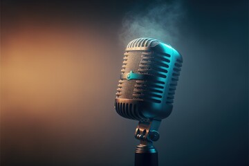 Studio microphone illustration for podcast, colorful gradient background, with fog. Generative AI