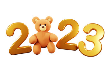 3d render of golden 2023 text and teddy bear