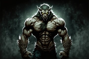 Fototapeta premium Werewolf warrior illustration in the night, anime manga style. Generative AI
