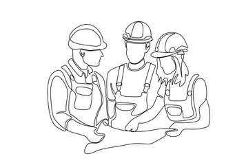One line drawing of male and female building builder groups wearing helmet. Great team work concept. Trendy continuous line draw design graphic vector illustration