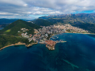 Aerial view of Budva old town from montenegro, panoromic view of touristic destination marine and sea shore