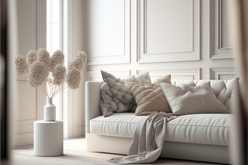 White and living room design. Creamy color empty wall mockup and sofa with brown pillows, Generative AI