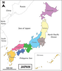 
Japan vector map colored included eight regions Hokkaido, Tohoku, Kanto, Chubu, Kinki, Chugoku, Shikoku, and Kyushu-Okinawa and neighboring countries Sea of Japan, North Pacific Ocean, Philippine Sea