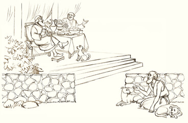 Obraz premium Pencil drawing. The rich man is feasting and the beggar asks for food