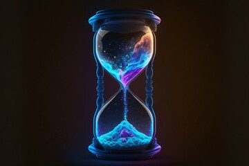 The flow of time and space in an infinite universe - hourglass, neon lights, AI