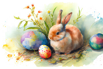 Watercolor painting of rabbit as illustration of Easter bunny hiding eggs in flowers for egg hunt generative AI art