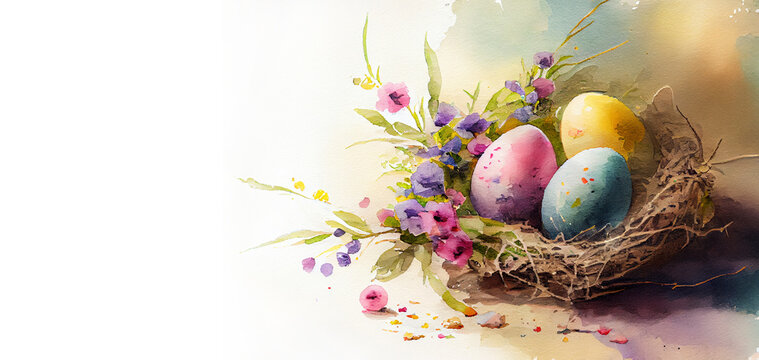 Watercolor painting banner with copy space of Easter holiday theme as bird nest with flowers and pained eggs generative AI art 