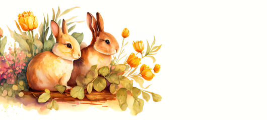 Obraz na płótnie Canvas Watercolor painting of rabbit banner with copy space as illustration of two Easter bunnies hiding in tulip flowers generative AI art
