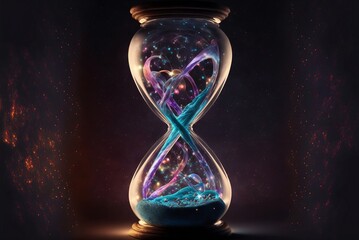 The flow of time and space in an infinite universe - hourglass, neon lights, AI