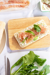 Parma ham and rocket ciabatta (Italian bread) with cream cheese.