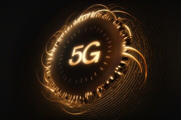 Naklejka premium 5G network symbol on a black background. High speed internet mobile connection illuminated wallpaper. Generated by AI. 