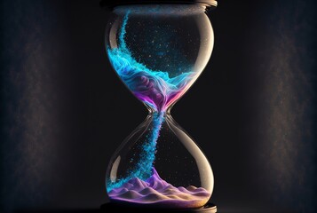 The flow of time and space in an infinite universe - hourglass, neon lights, AI