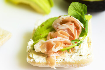 Parma ham and rocket ciabatta (Italian bread) with cream cheese.