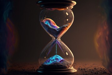 The flow of time and space in an infinite universe - hourglass, neon lights, AI