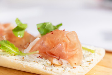 Parma ham and rocket ciabatta (Italian bread) with cream cheese.