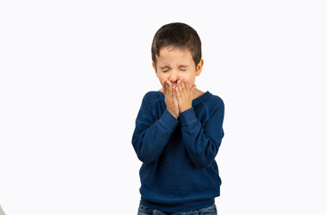 Shot of a child suffering with the coughing as symptom for cold or bronchitis with white background