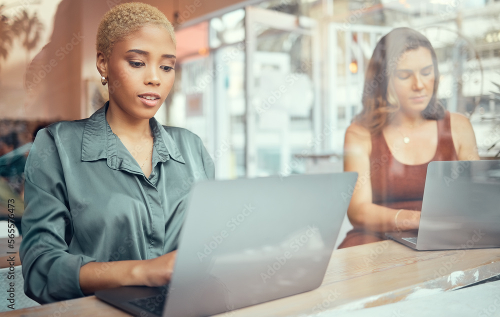 Poster laptop, working and business black woman in cafe window for networking, planning and writing email. 