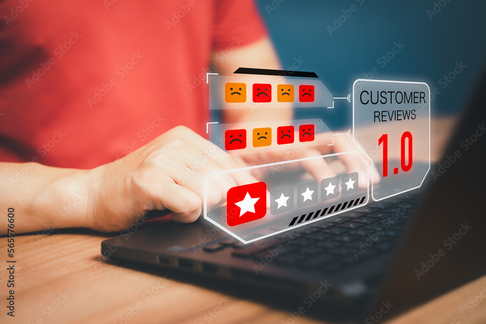 Aufkleber man give negative reviews for customer satisfaction surveys. one star rating for testimonial, custom