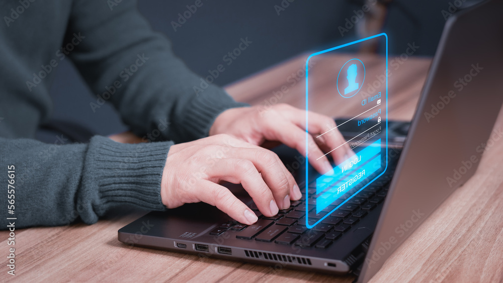 Poster Man protecting personal data on a computer laptop and virtual interface. Cyber security concept to protect data. Secure encryption and access to the user's private information to access the internet.