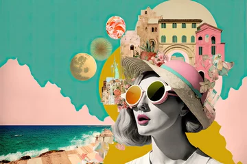 Foto op Plexiglas Generative AI illustration of a collage in vintage style with pastel colors representing concept about holiday travel and vacation.Artwork,conceptual. © Supermelon