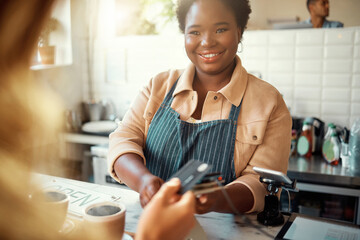 Credit card, payment and shopping with black woman in coffee shop for retail, restaurant and food...