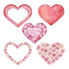 Watercolor set Valentine's Day, bright hearts