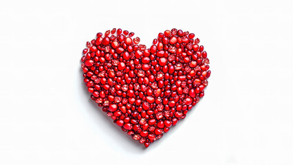 love heart made of bright red pomegranate seeds. White background. Generative ai