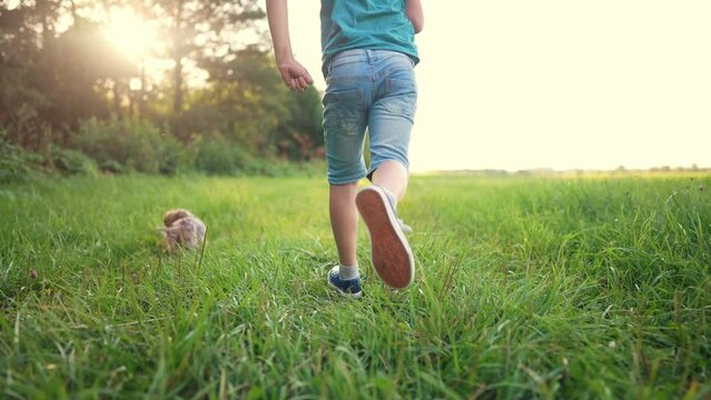 happy family. kid runs legs close-up in the park at sunset. people in the park concept boy son joyful running. happy family summer. little kid running kid fun summer kid dream concept fun