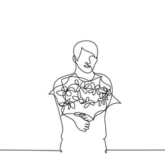 smiling man holding out a bunch of flowers to the viewer - one line drawing vector. concept to give flowers