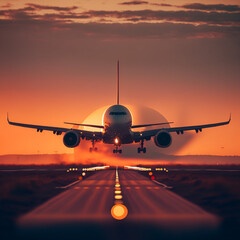 Naklejka premium airplane landing at sunset, generative AI