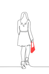 woman in a coat with long hair walks in ankle boots with a red handbag - one line drawing vector. concept fashionista, model, street fashion